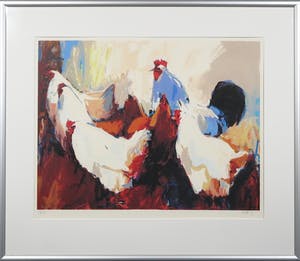 Gerda Elfring - Zeefdruk, 6 Kippen - Ingelijst kopen? Bied vanaf 35!