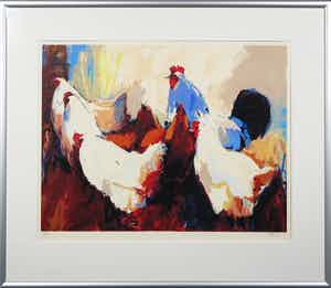 Gerda Elfring - Zeefdruk, 6 Kippen - Ingelijst verkocht voor € 35!