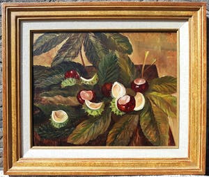 Jeanne Bieruma Oosting - Kastanjes op bladeren, olieverf op paneel (mooi ingelijst) kopen? Bied vanaf 1000!