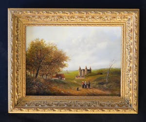 Niet of onleesbaar gesigneerd - Een glooiend landschap met figuren op een zandpad, boerderijen en een kasteel kopen? Bied vanaf 1!