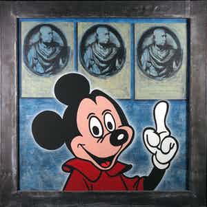 Jan Bollaert - Gemengde techniek op board, 1/2 Mickey en 3-koppen (Zeer Groot) verkocht voor € 150!