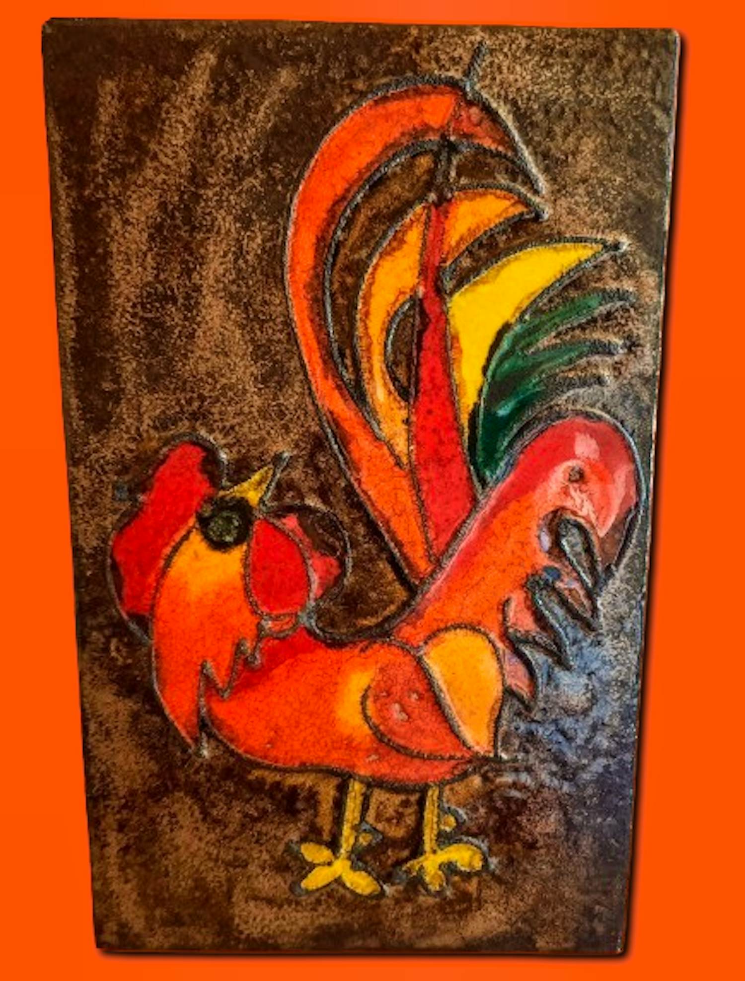 Ruscha - Wandbild Keramikplatte Bunter Hahn Handbemalt aus den 60er/70er Jahren kopen? Bied vanaf 88!
