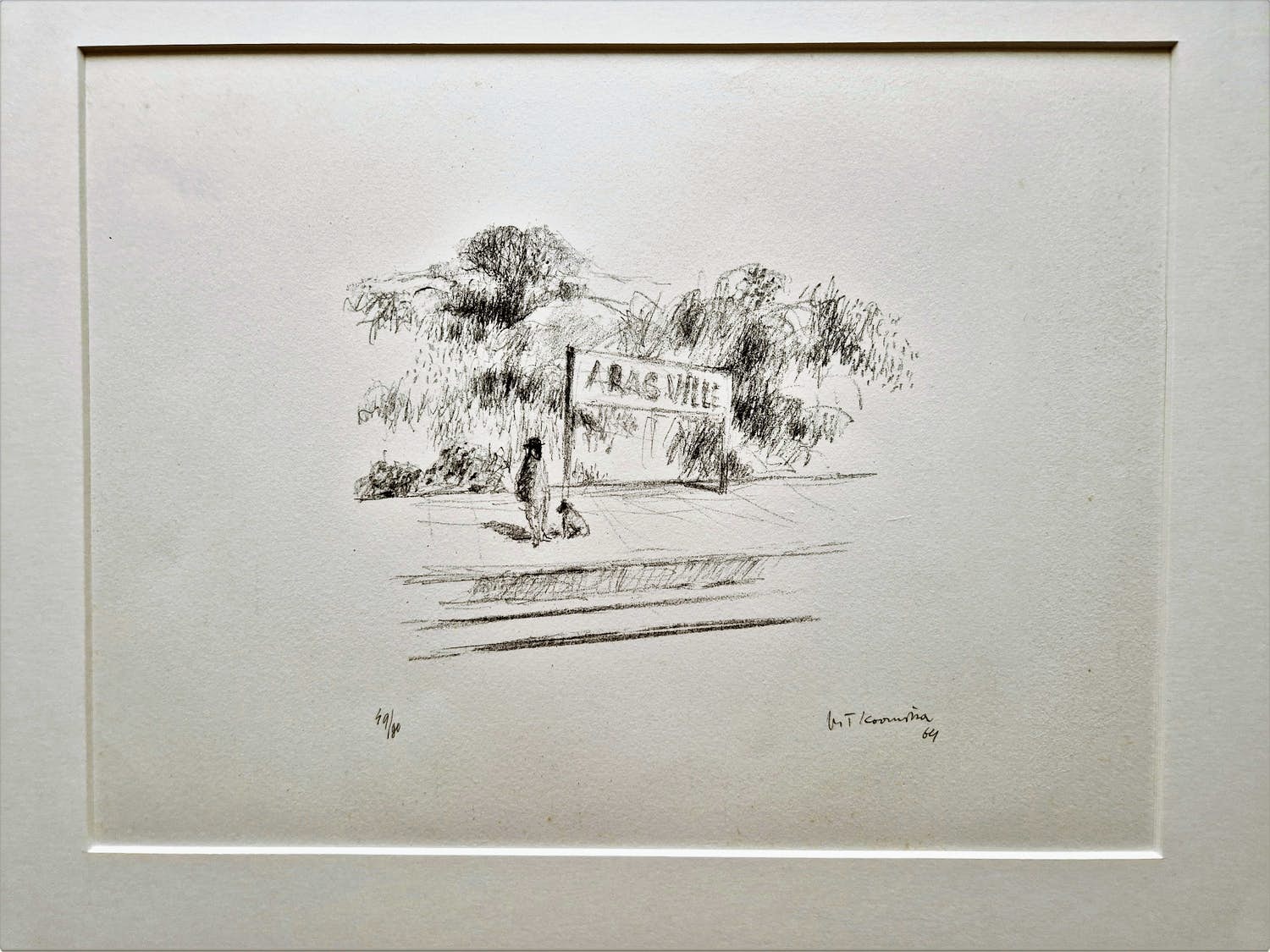 Metten Koornstra - 1964 - karakteristieke & grote Litho "man en hond op perron" gesigneerd kopen? Bied vanaf 1!