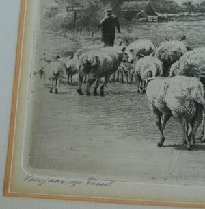 Maarten Langbroek - Ingelijste ets, Voorjaar op Texel – ca. 1970 kopen? Bied vanaf 35!