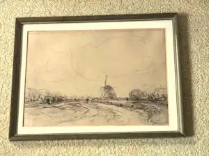Jan Hillebrand Wijsmuller - Potloodtekening - Schaatser in landschap met molen verkauft für € 75!