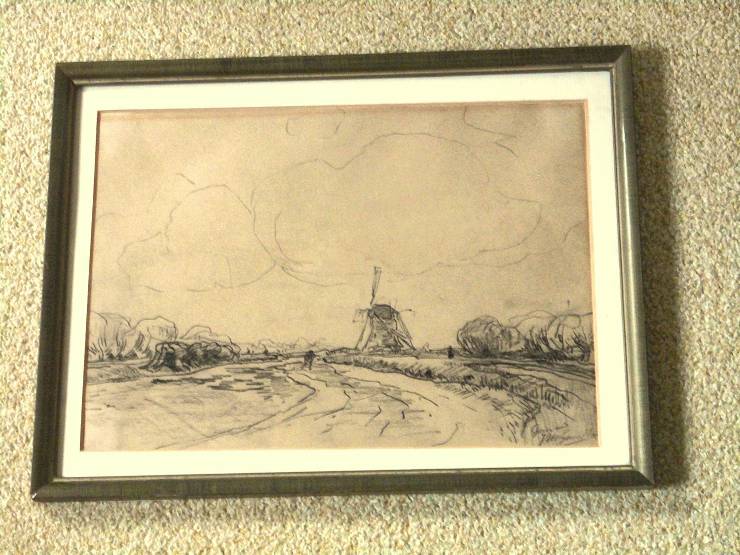Jan Hillebrand Wijsmuller - Potloodtekening - Schaatser in landschap met molen kopen? Bied vanaf 75!
