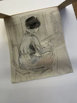 Leo Gestel - De vrouw van de kunstenaar aan het tekenen - met atelierstempel kopen? Bied vanaf 240!