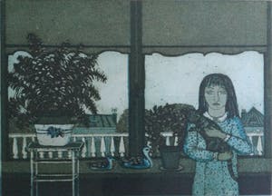 Laetitia de Haas - "Vensterbank" | kleuren ets (1978) - ingelijst kopen? Bied vanaf 30!