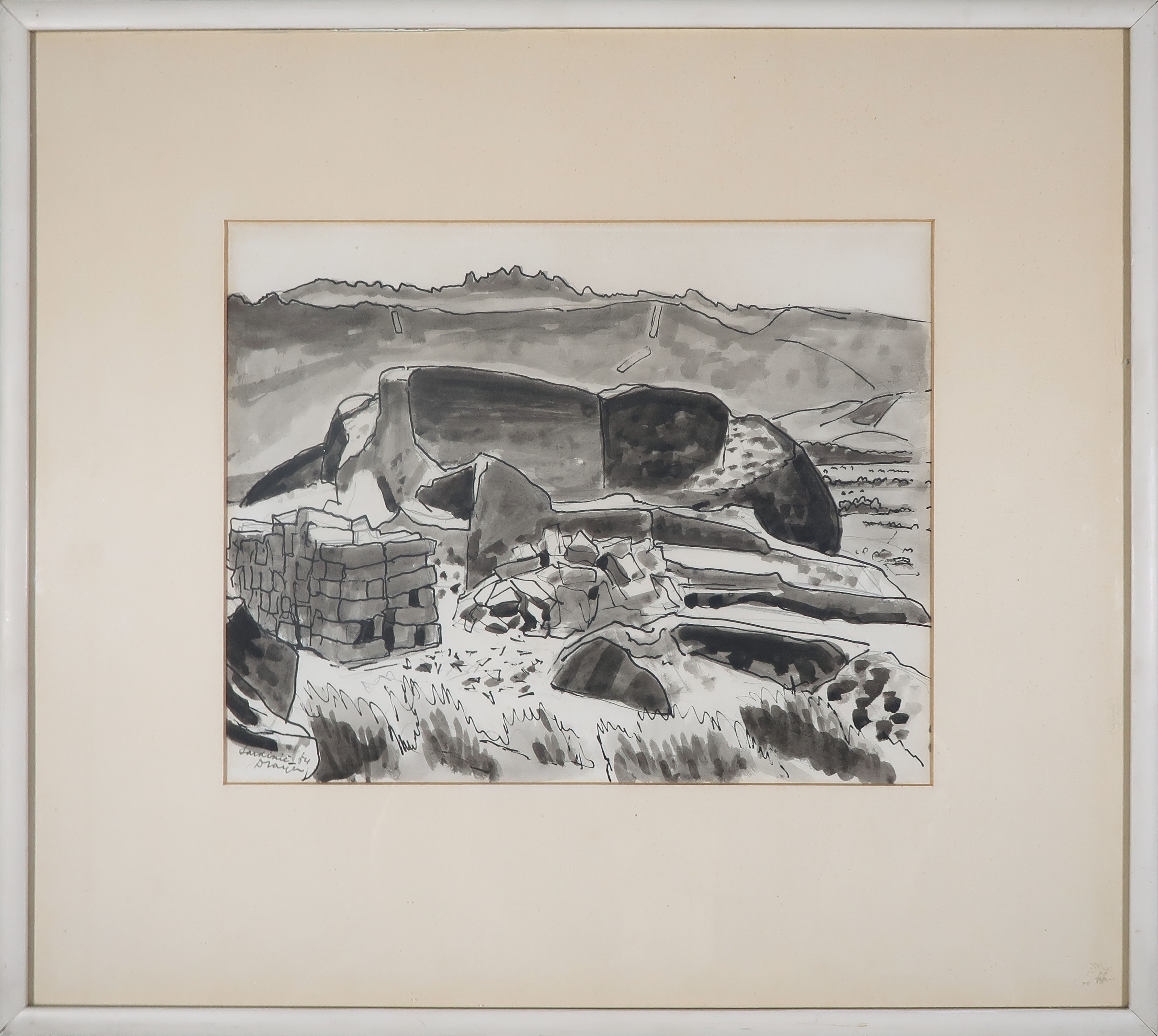 Rein Draijer - Inkttekening, Steenhouwerij Sardinië - Ingelijst kopen? Bied vanaf 200!