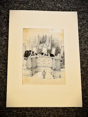 Peter van Straaten - Zeldzame jaren 70 oostindische inkt "rechtbank" tekening gesigneerd kopen? Bied vanaf 67!
