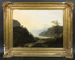 Hendrick Gerrit ten Cate - Olieverf op doek, Reizigers in bergachtig rivierlandschap - Ingelijst kopen? Bied vanaf 500!