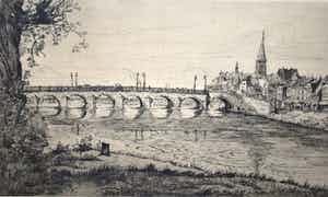 Johan D. Scherft - ets - Maasbrug met gezicht op Wyck, Maastricht verkocht voor € 35!
