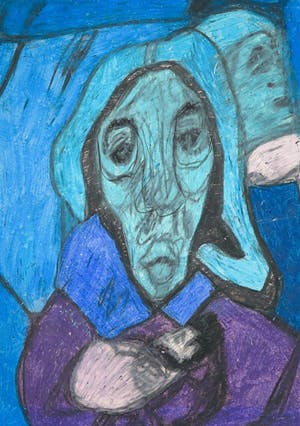 Piet Schopping - Krijttekening, Portret in blauw kopen? Bied vanaf 1!