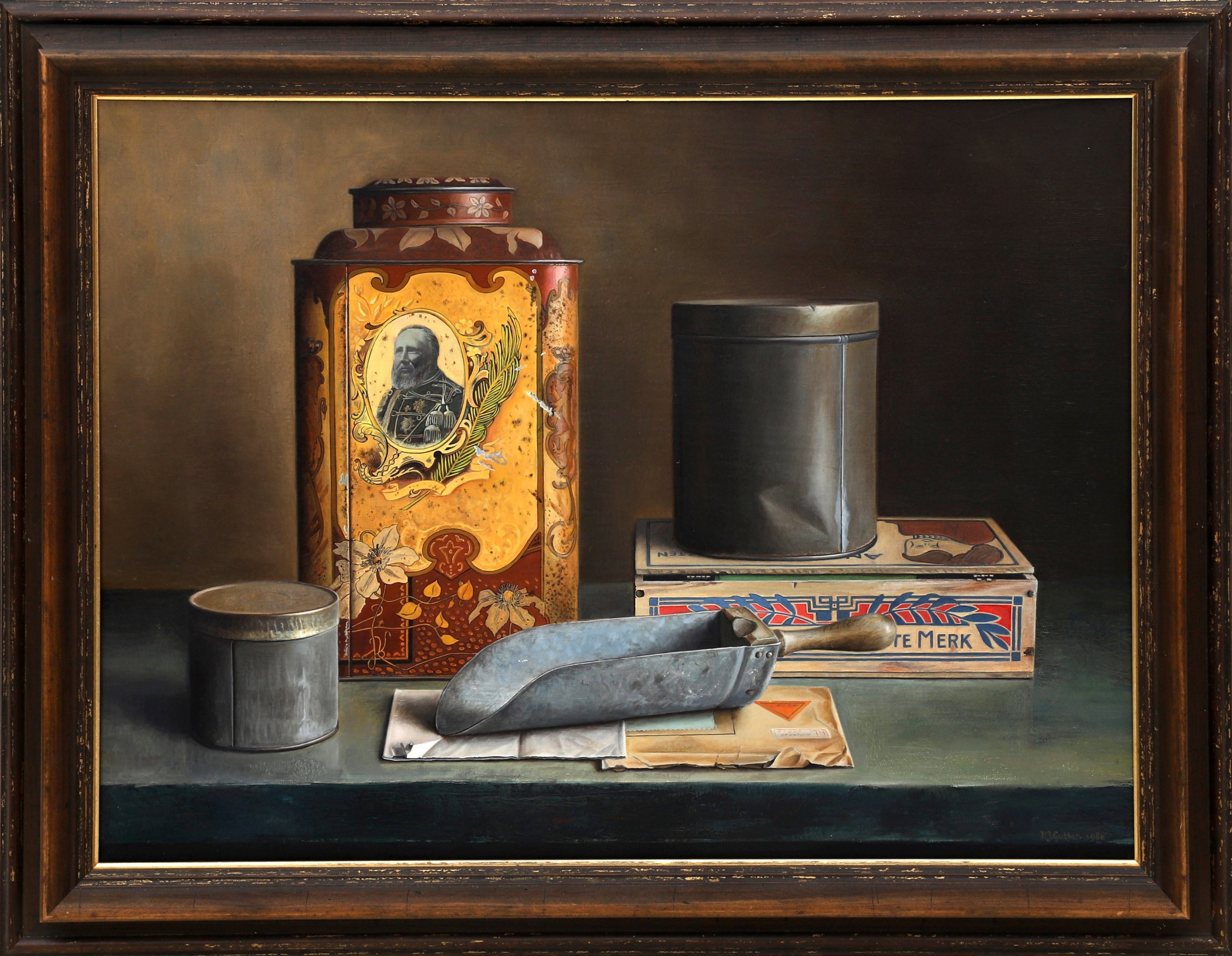 AcheterPiet Gutter - Ingelijste olieverf op canvas: Stilleven met kannen - 1988? Enchérissez de 1995!