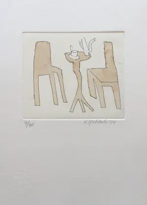 Klaas Gubbels - ets met aquarel ingekleurd - ‘Interieur met servies’ - 2004 kopen? Bied vanaf 245!