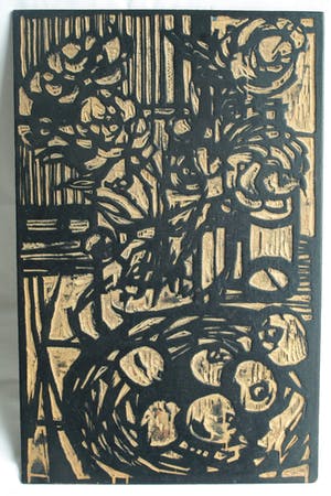 Fon Klement - De 2 dubbelzijdige houten drukblokken van de houtsnede ‘Pioenrozen en appels’ kopen? Bied vanaf 60!