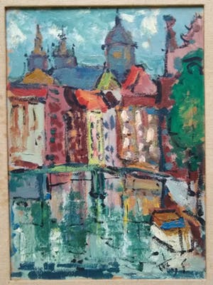 Niet of onleesbaar gesigneerd - Expressionistisch stadsgezicht te Amsterdam kopen? Bied vanaf 10!