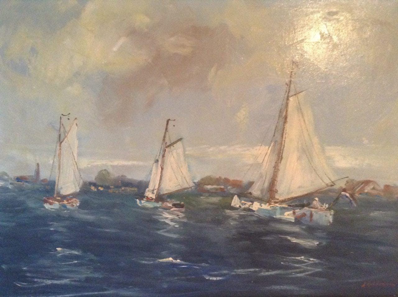 Jan Kelderman - Jan Kelderman 1914-1990 Olieverf op doek 70x50 Gezicht meer met zijlboten verkocht voor € 75!