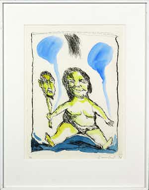 Lucebert - Ets en aquarel, Zonder titel - Ingelijst verkocht voor € 150!