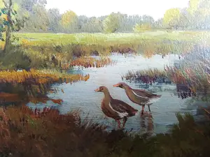 Niet of onleesbaar gesigneerd - 2 fraaie landschapsschilderijtjes met koeien en eenden kopen? Bied vanaf 1!