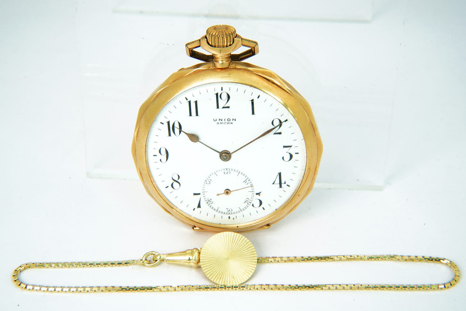 15  - Vroeg 20e Eeuws 14Krt roségouden Vestzak horloge Union  met 14 Krt ketting kopen? Bied vanaf 360!