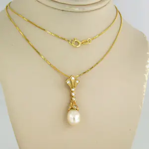 14k gouden collier met hanger met parel en single cut geslepen diamant kopen? Bied vanaf 285!