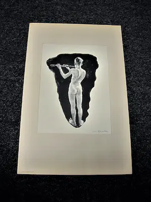Huub Gerretsen - Jaren 60 - lithografie op papier - naakte jongeman met dwarsfluit - gesigneerd kopen? Bied vanaf 31!