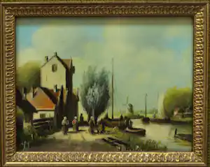 Jens Joppe - Miniatuurschilderij “Dorpje a/h water” , olieverf op paneel – 7 x 9 cm. verkauft für € 90!