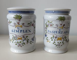 Royal Goedewaagen - Twee platelen apothekerspotten voor de firma Caron B.V. kopen? Bied vanaf 26!