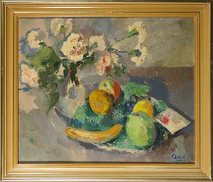 Henk van den Idsert - Olieverf op doek, Stilleven met anjers en fruit - Ingelijst kopen? Bied vanaf 250!