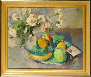 Henk van den Idsert - Olieverf op doek, Stilleven met anjers en fruit - Ingelijst verkocht voor € 250!