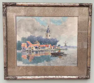 Henri Janlet - Hollands rivierlandschap met dorp, kerktoren en molen kopen? Bied vanaf 40!