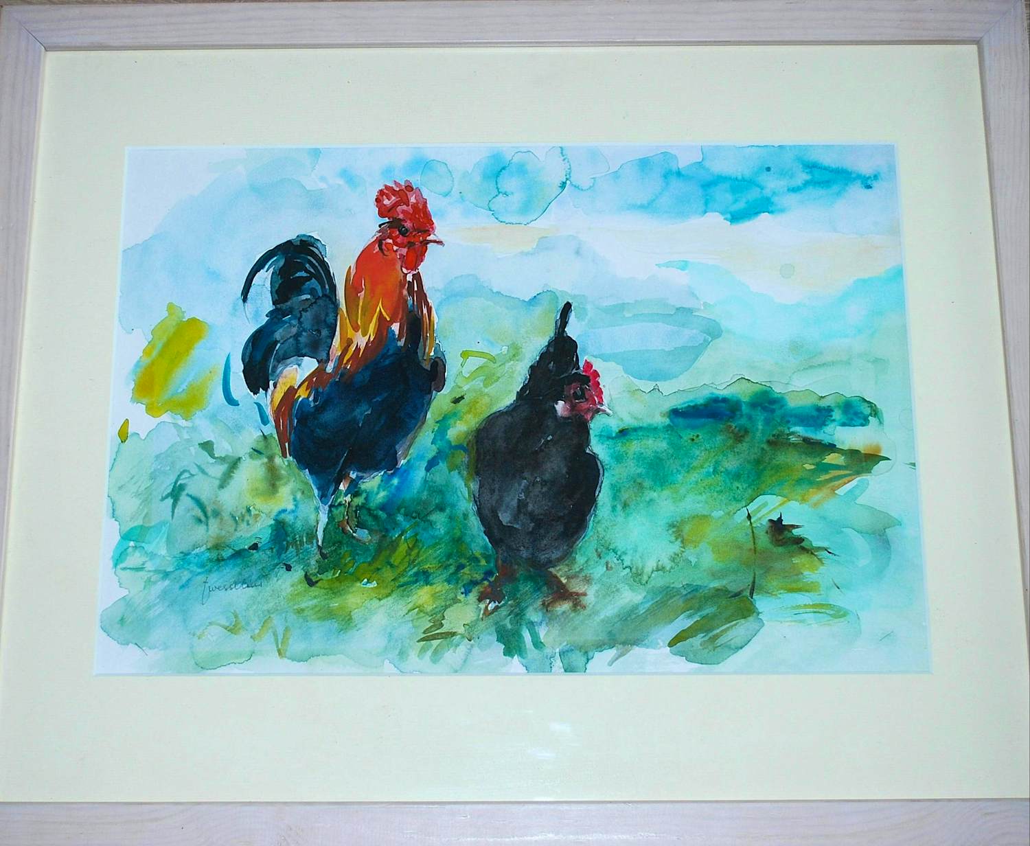 Jeanne Wesselius - Kip en haan - aquarel verkocht voor € 20!