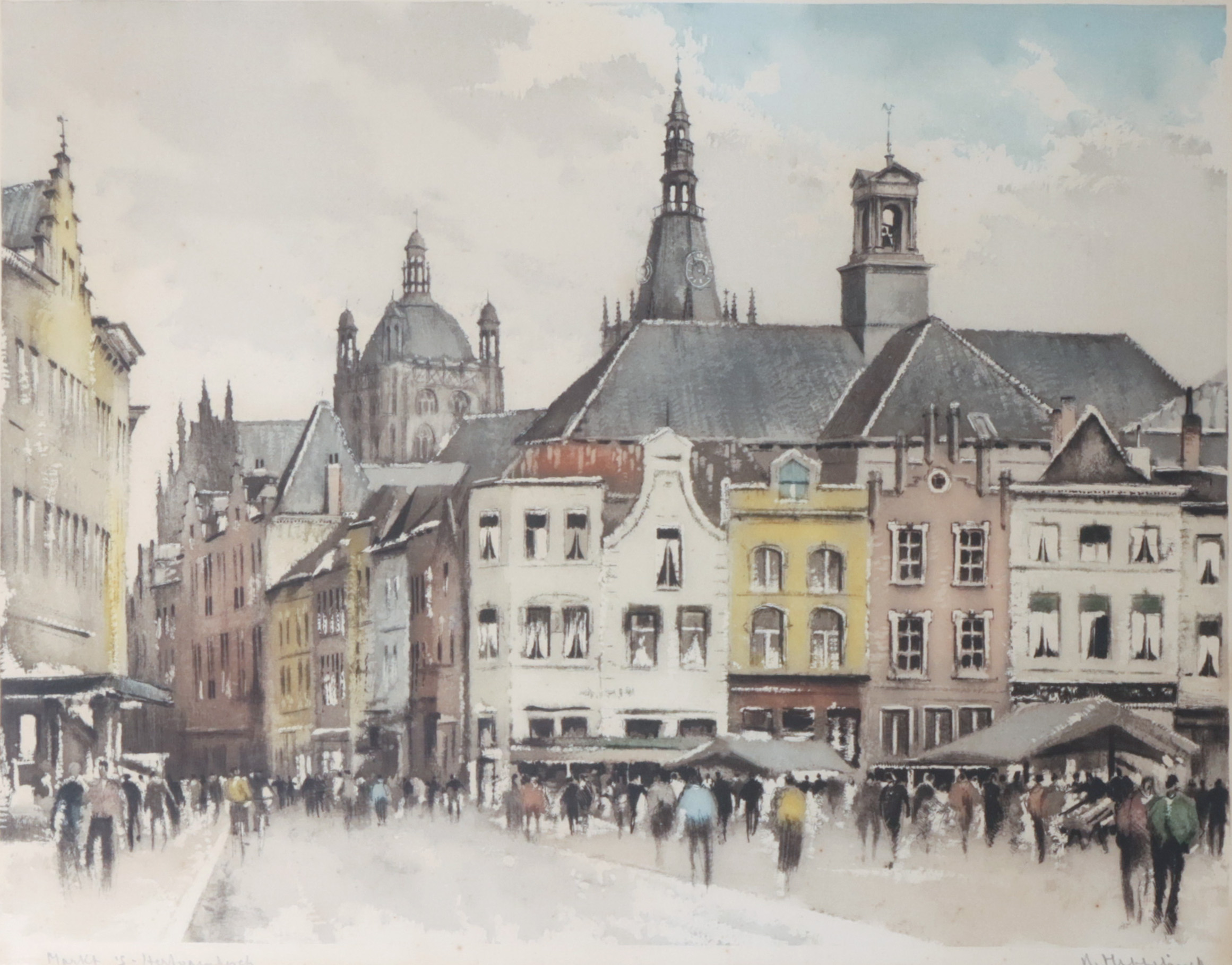 Roger Hebbelinck - Kleurenets op papier, Markt 's-Hertogenbosch - Ingelijst verkocht voor € 35!