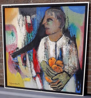 Gérard Grassère - Vrouw met vruchten in psychedelische setting, olieverf op doek (ingelijst) kopen? Bied vanaf 1!