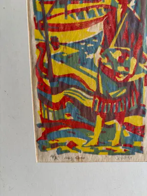 Geert Geerligs - linosnede met kleurrijk havengezicht met personen bij kade kopen? Bied vanaf 35!