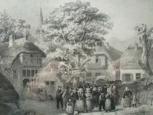 Charles Rochussen - Steendruk van een platteland uitzicht met vele figuren kopen? Bied vanaf 10!