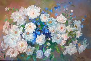 Jaap de Ruig - olie op doek - Rozen, gesigneerd r.o. verkocht voor € 59!