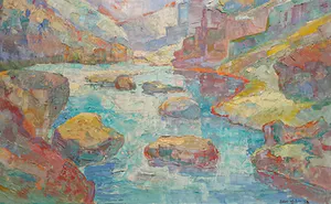 Eskel A. Wallin - Acryl op paneel, Riviergezicht - Ingelijst kopen? Bied vanaf 95!