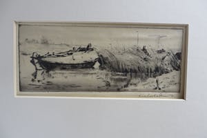 Riekele Prins - Waterlanschap met ophaalbruggetje en aangemeerde visserschuit kopen? Bied vanaf 75!