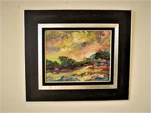 Niet of onleesbaar gesigneerd - Sfeervol expressionistisch "paletmes" olieverf "Zomeravond landschap" verkocht voor € 1!