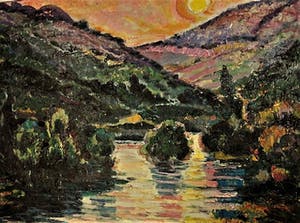 Daniel Wilhelm Bekking - GROOT! Expressionistisch olieverf "Zonsondergang Auvergne Frankrijk" kopen? Bied vanaf 50!