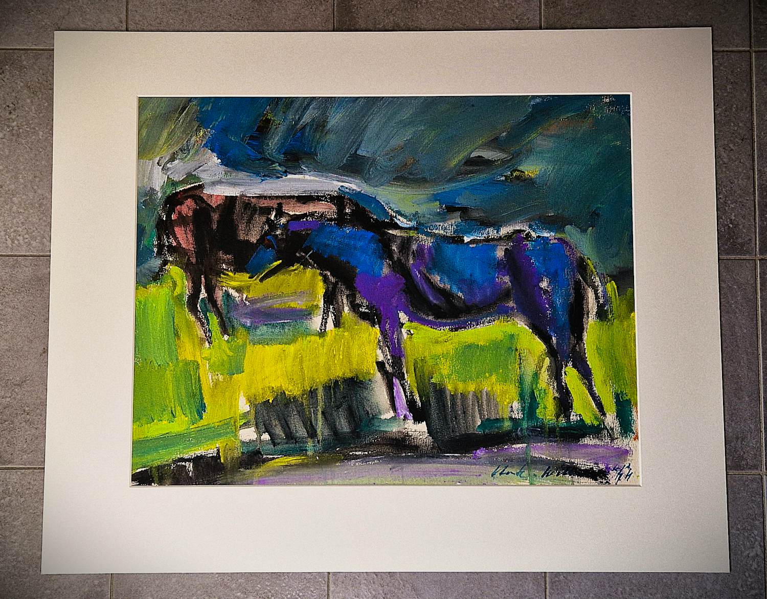 Henk Willemse - Grote, in 1984 gemaakte gemengde techniek (oa plakaatverf) "paarden in wei" kopen? Bied vanaf 149!