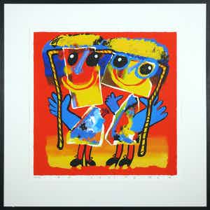 Ad Verstijnen - Zeefdruk, Tweeling met springtouw - Ingelijst verkocht voor € 50!