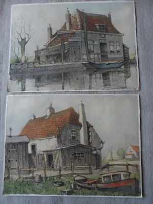 Louis Leclercq - 2 tekeningen/Aquarel. Huisje aan de Rotte kaufen? Bieten Sie von 40!
