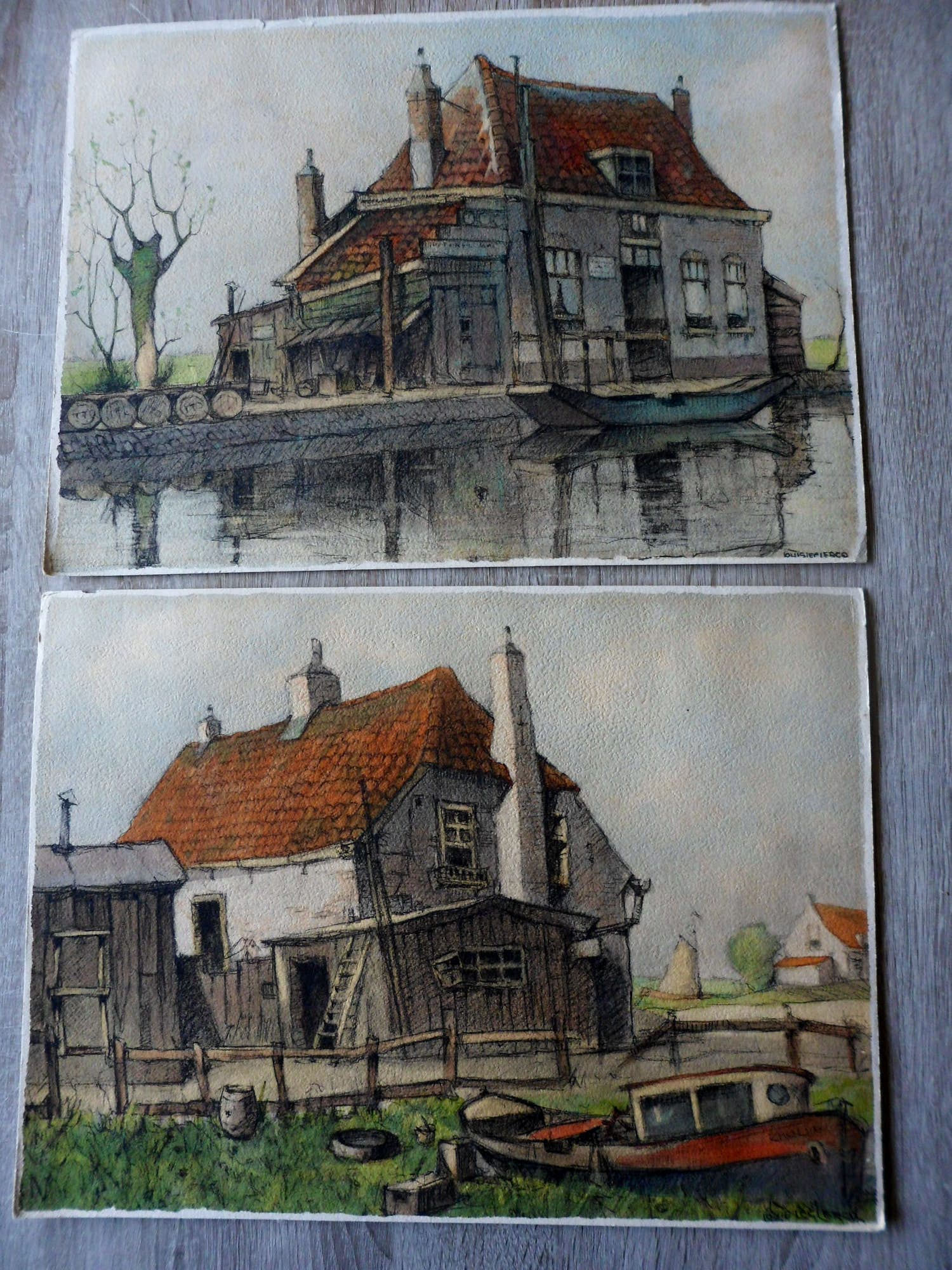 Louis Leclercq - 2 tekeningen/Aquarel. Huisje aan de Rotte kopen? Bied vanaf 40!