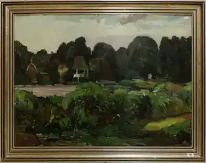 Herman Kruyder - Olieverf op doek bevestigd paneel, Boerderij met zonnebloemen - Ingelijst verkauft für € 1501!