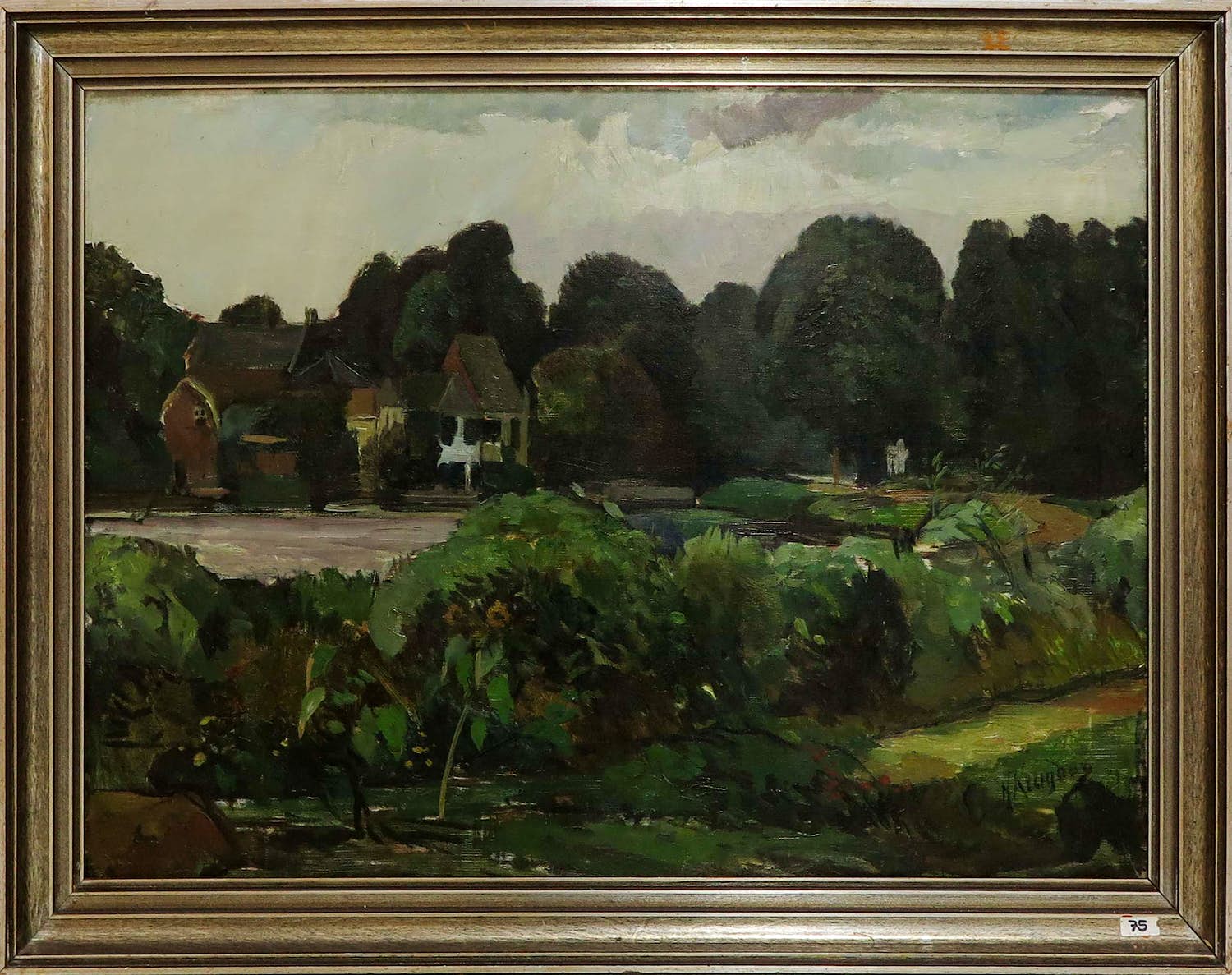 Herman Kruyder - Olieverf op doek bevestigd paneel, Boerderij met zonnebloemen - Ingelijst verkocht voor € 1650!