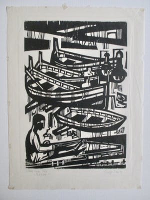 Akke Sins - Houtsnede "Boten" uit kleine oplage kopen? Bied vanaf 60!