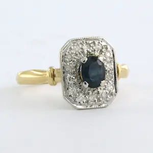 18k bicolor gouden ring met saffier en single cut geslepen diamanten tot. 0.14ct kopen? Bied vanaf 200!